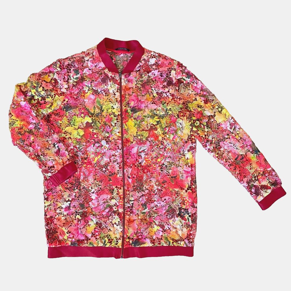 T.Tahari Jacket Size M Lace Floral Women's Zipper up Sheer